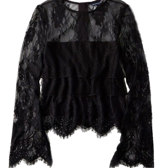 American Eagle Outfitters Tops - AEO | Black mixed media tiered lace blouse